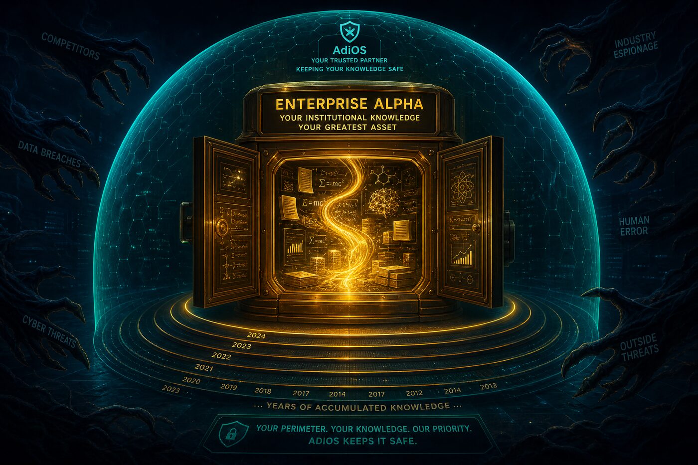 Enterprise Alpha depicted as a vault of accumulated institutional knowledge inside a protective dome, surrounded by external threats