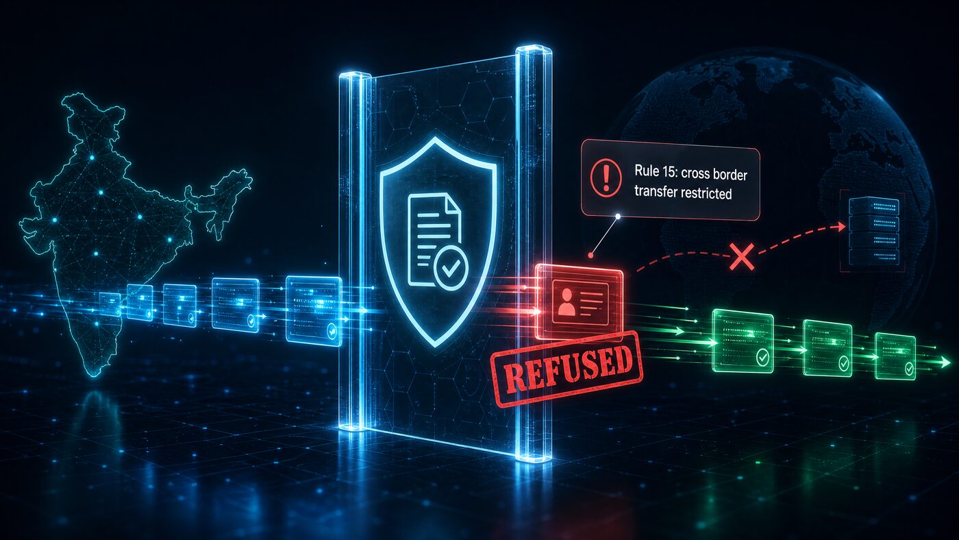 A policy gate: employee data flowing from a map of India toward a foreign endpoint is stamped REFUSED, with a Rule 15 cross-border-transfer-restricted verdict named at the gate