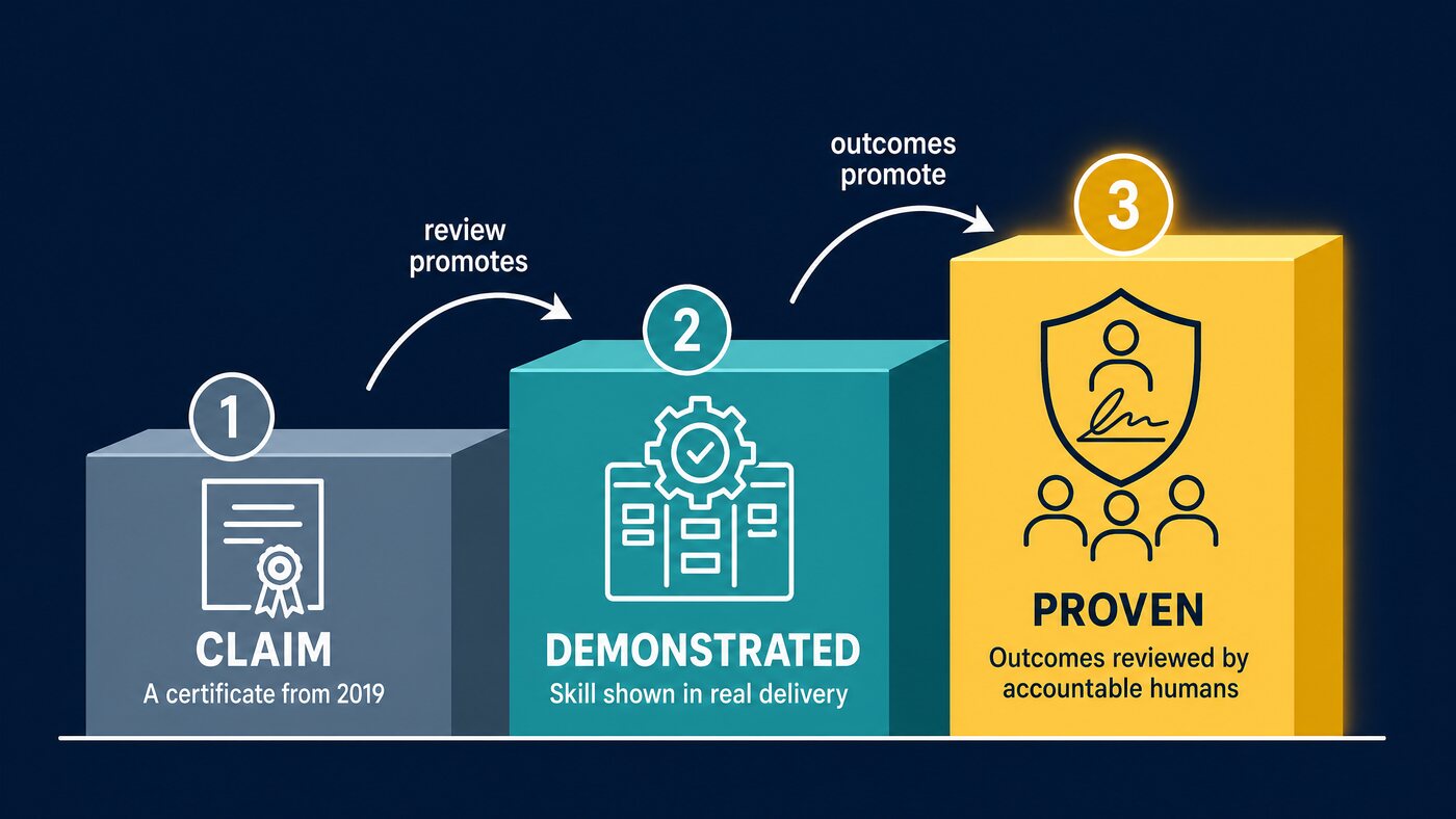 A three-step confidence ladder: step 1 Claim (a certificate from 2019), step 2 Demonstrated (skill shown in real delivery), step 3 Proven (outcomes reviewed by accountable humans)