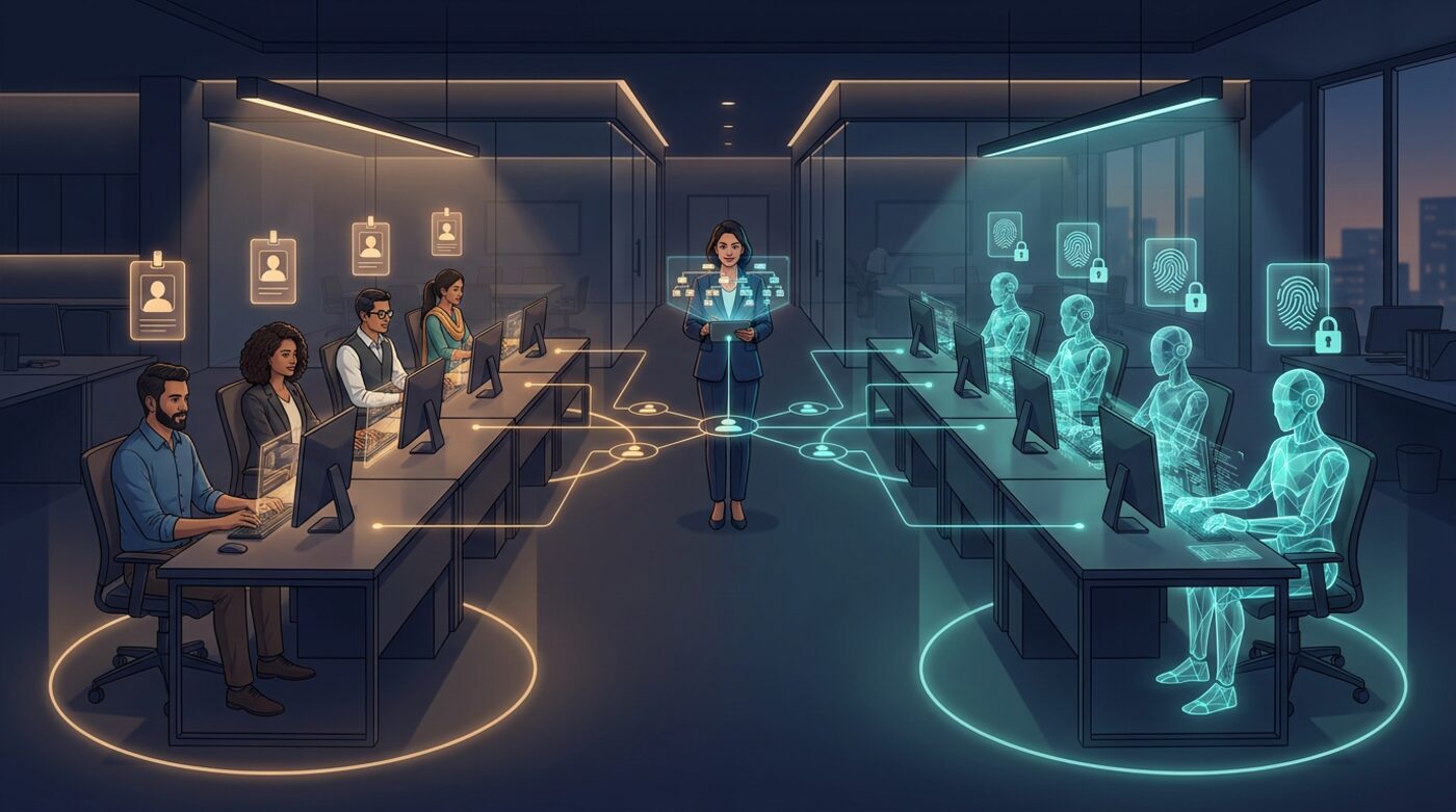 An office where human employees at desks work alongside holographic AI agents, each carrying a badge or cryptographic identity, connected in one network