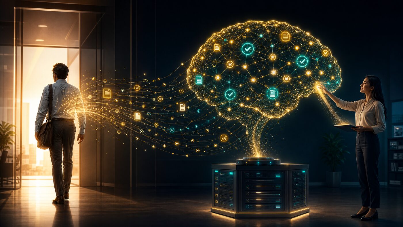 An employee walking out of a door while the knowledge his work generated flows into a glowing brain sitting on a secure server that stays in the building