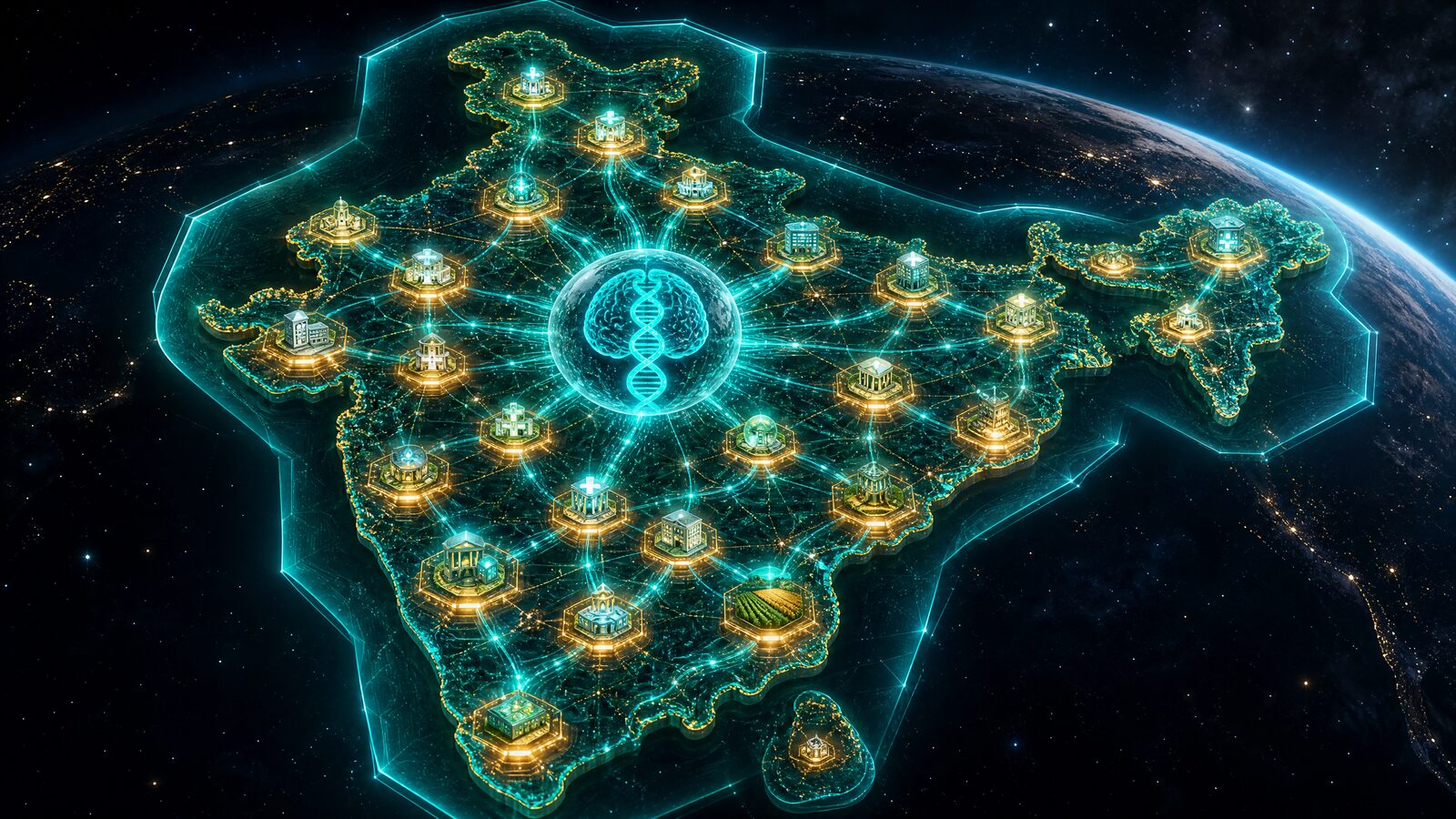 A glowing map of India with institutions across the country connected in a sovereign mesh, a brain at the centre