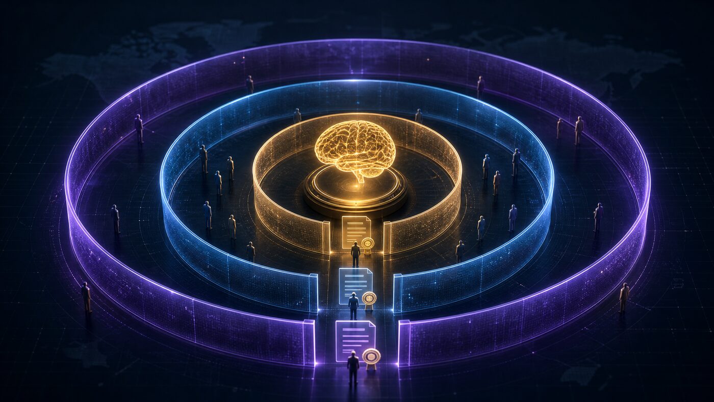 A central brain ringed by three concentric boundaries of people, representing enterprise, nation, and state accountability