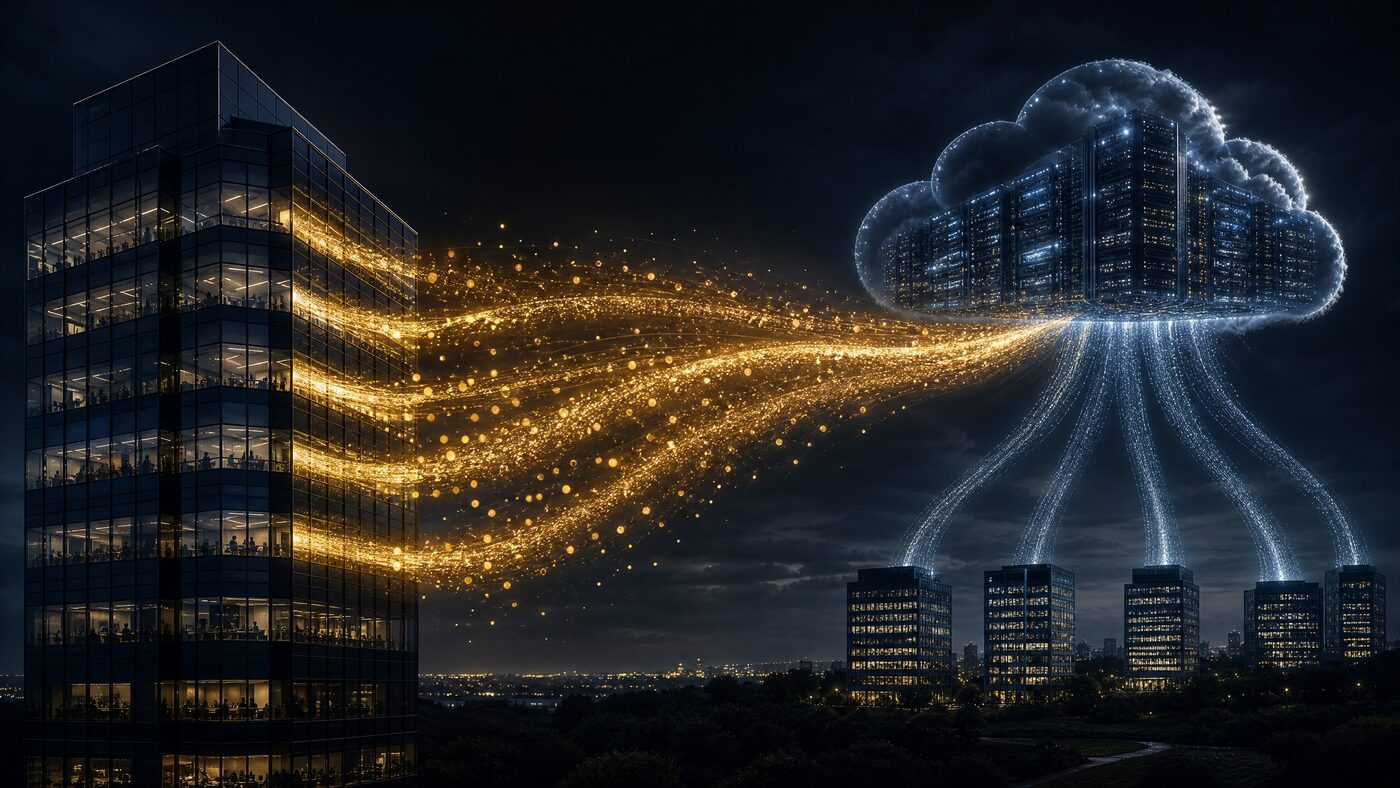 Institutional knowledge flowing as golden light out of an enterprise building and up into a cloud of servers