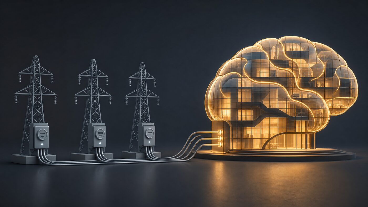 Electricity pylons feeding power into a glowing brain-shaped building, depicting AI models as interchangeable utilities