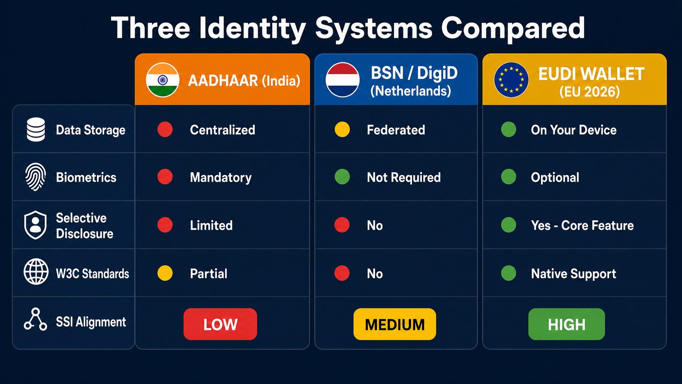Three identity systems compared: Aadhaar (India), BSN/DigiD (Netherlands), and the EUDI Wallet (EU 2026) across data storage, biometrics, selective disclosure, W3C standards, and SSI alignment