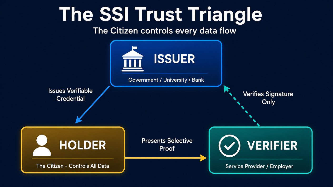 The SSI Trust Triangle: the Issuer signs a verifiable credential, the Holder (the citizen) controls all data and presents selective proof, the Verifier checks the signature only
